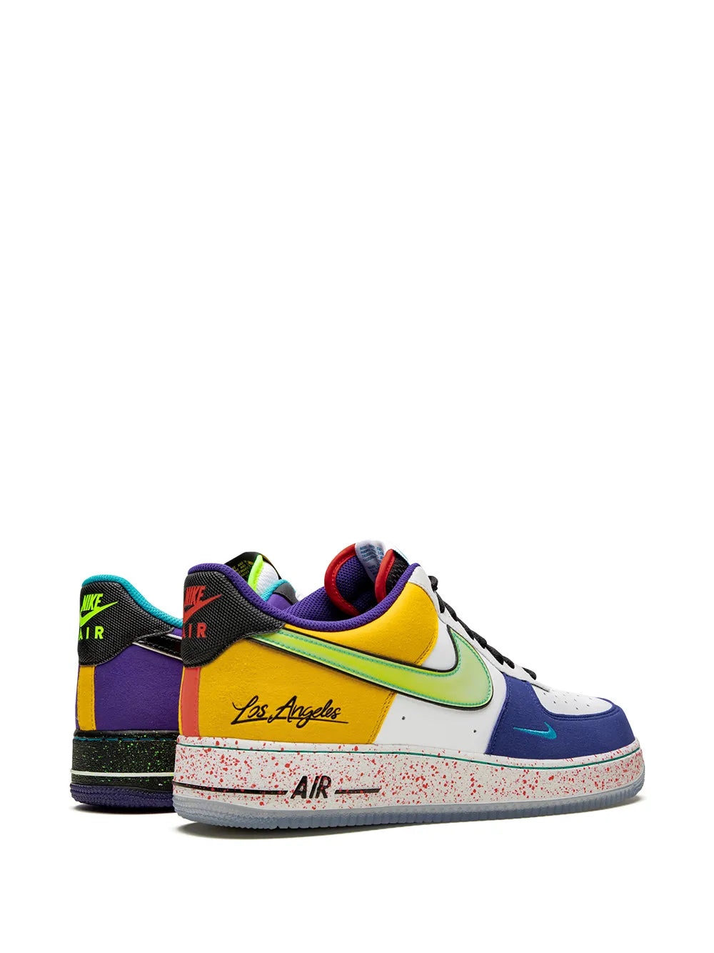 Nike Air Force 1 low-top sneaker with Los Angeles patch, yellow-green accents and blue swoosh