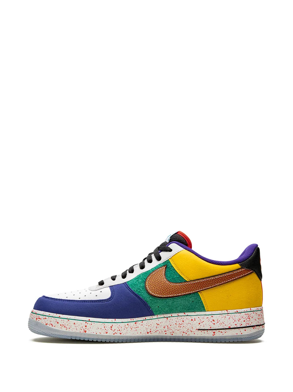 Nike low-top sneaker with white upper, yellow and green overlays, orange swoosh and navy toe