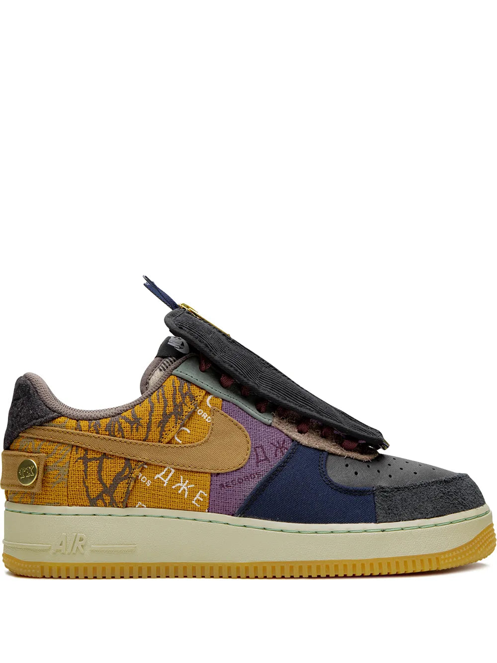 Low-top sneakers with black strap, gold Swoosh, orange print and blue/purple panels