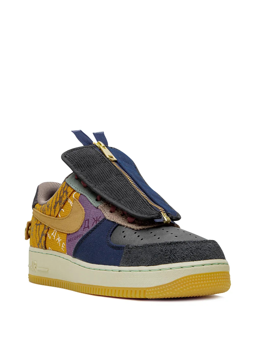 Low-top sneakers with black strap and gold Swoosh, orange patterned quarter and blue toe