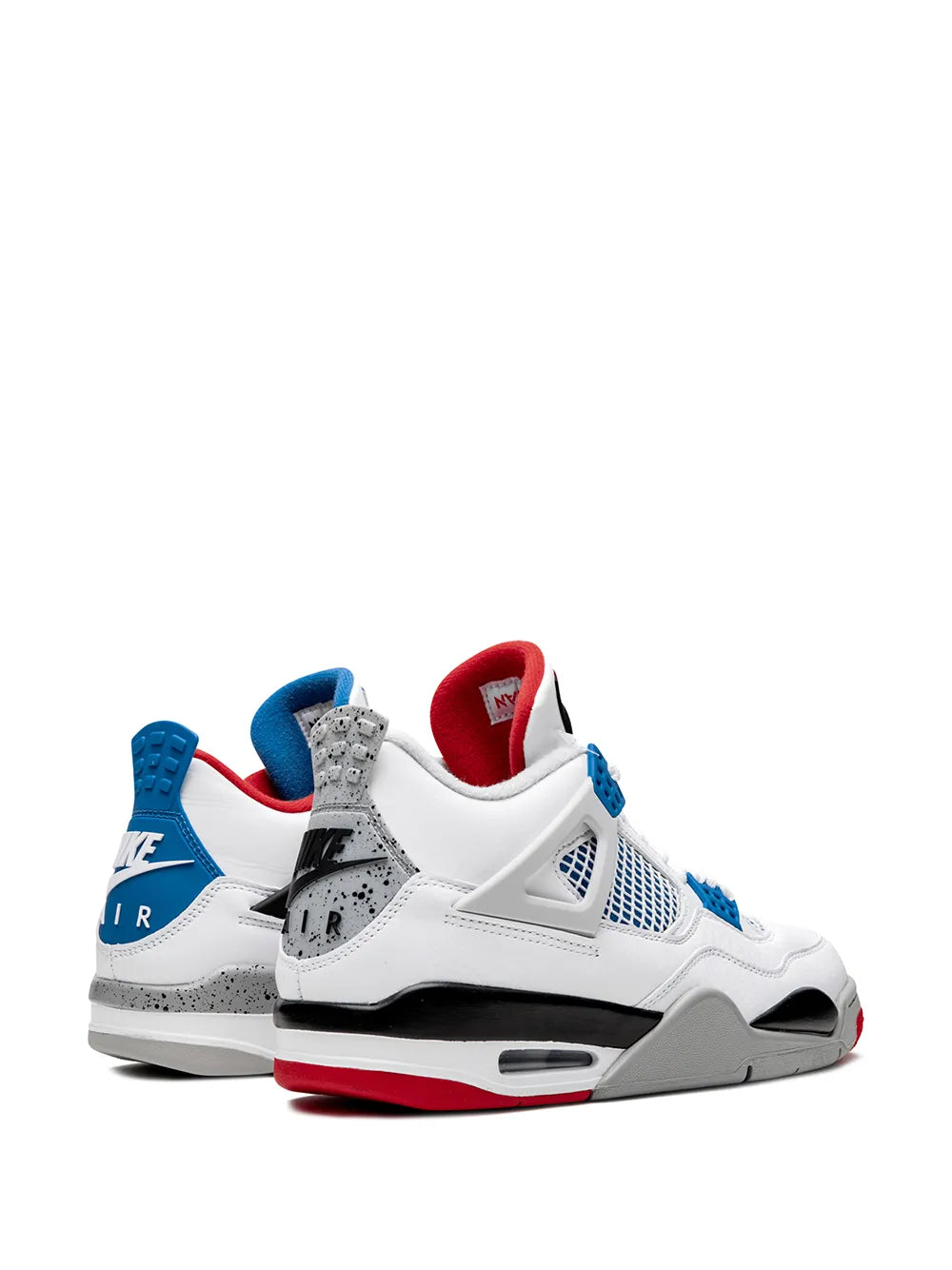 Air Jordan 4 sneakers in white with blue mesh, red heel lining, lace-up closure