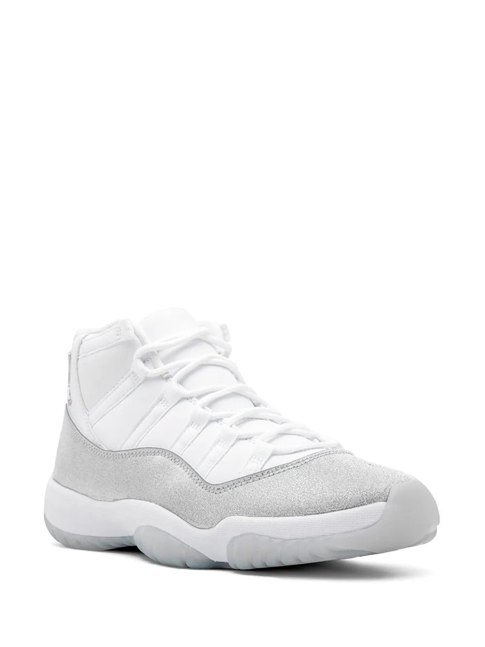 White high-top sneakers with gray side panel, lace-up design and padded collar