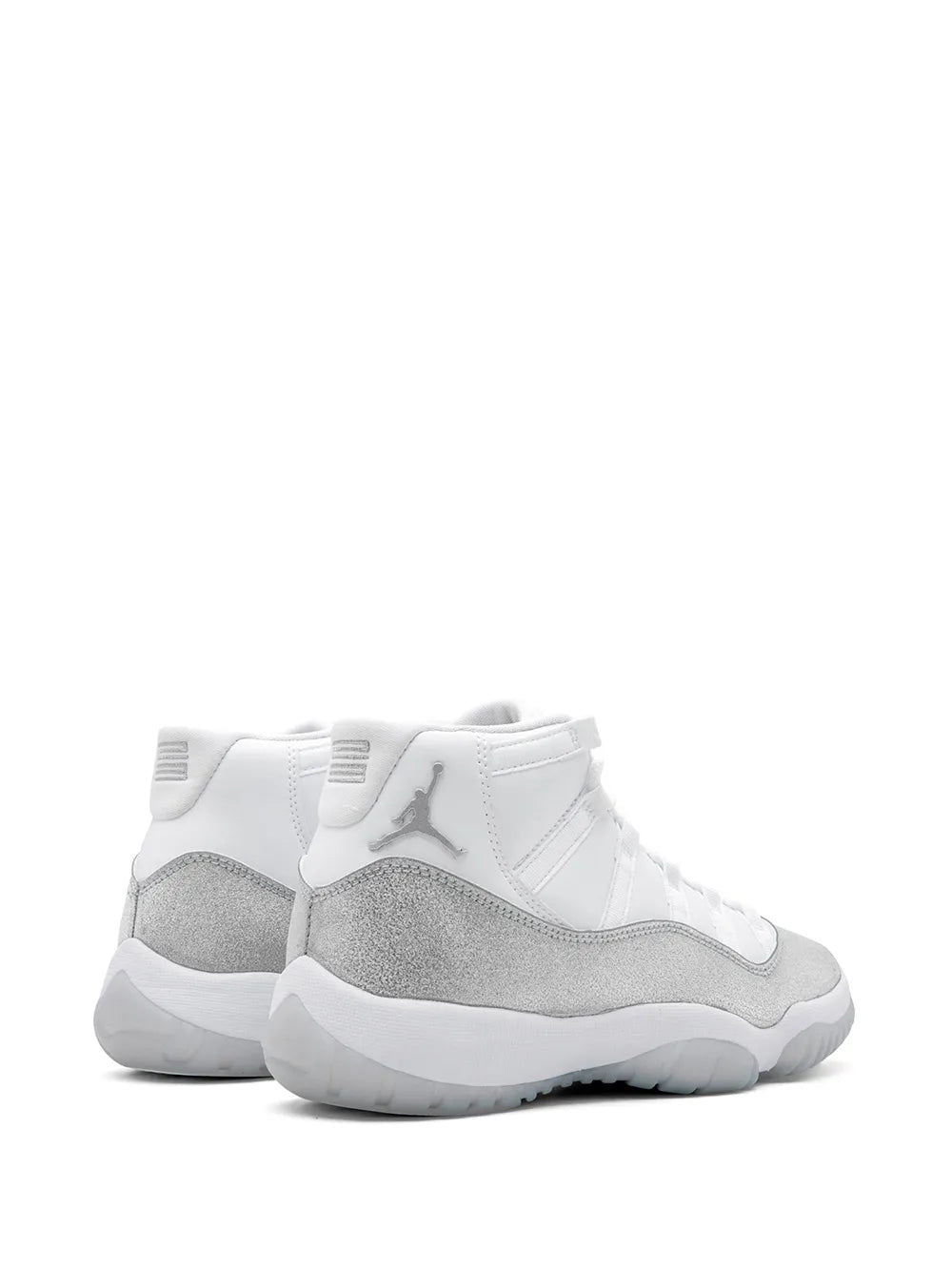 White high-top sneakers with gray suede heel panel and embroidered Jordan logo