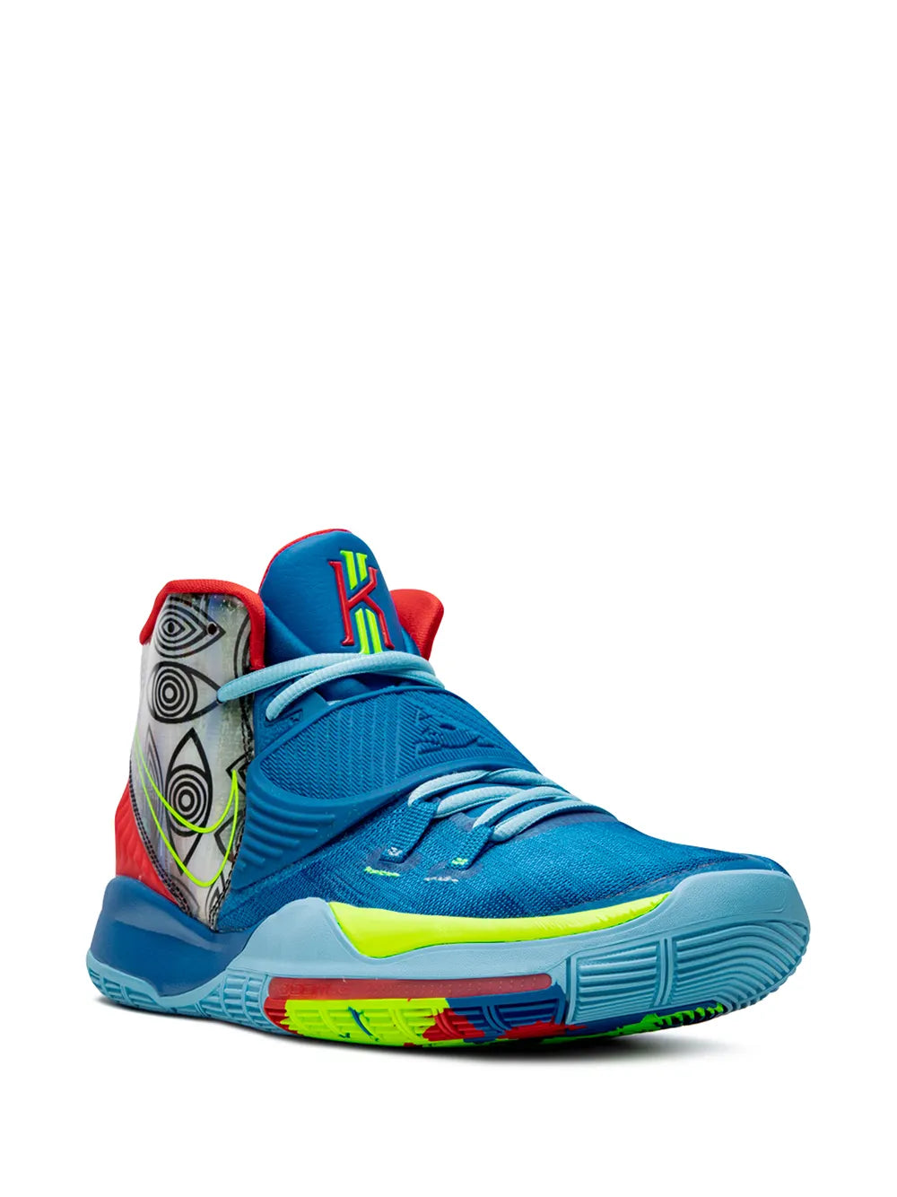 High-top basketball sneakers in blue with red heel, neon green details, multicolor laces