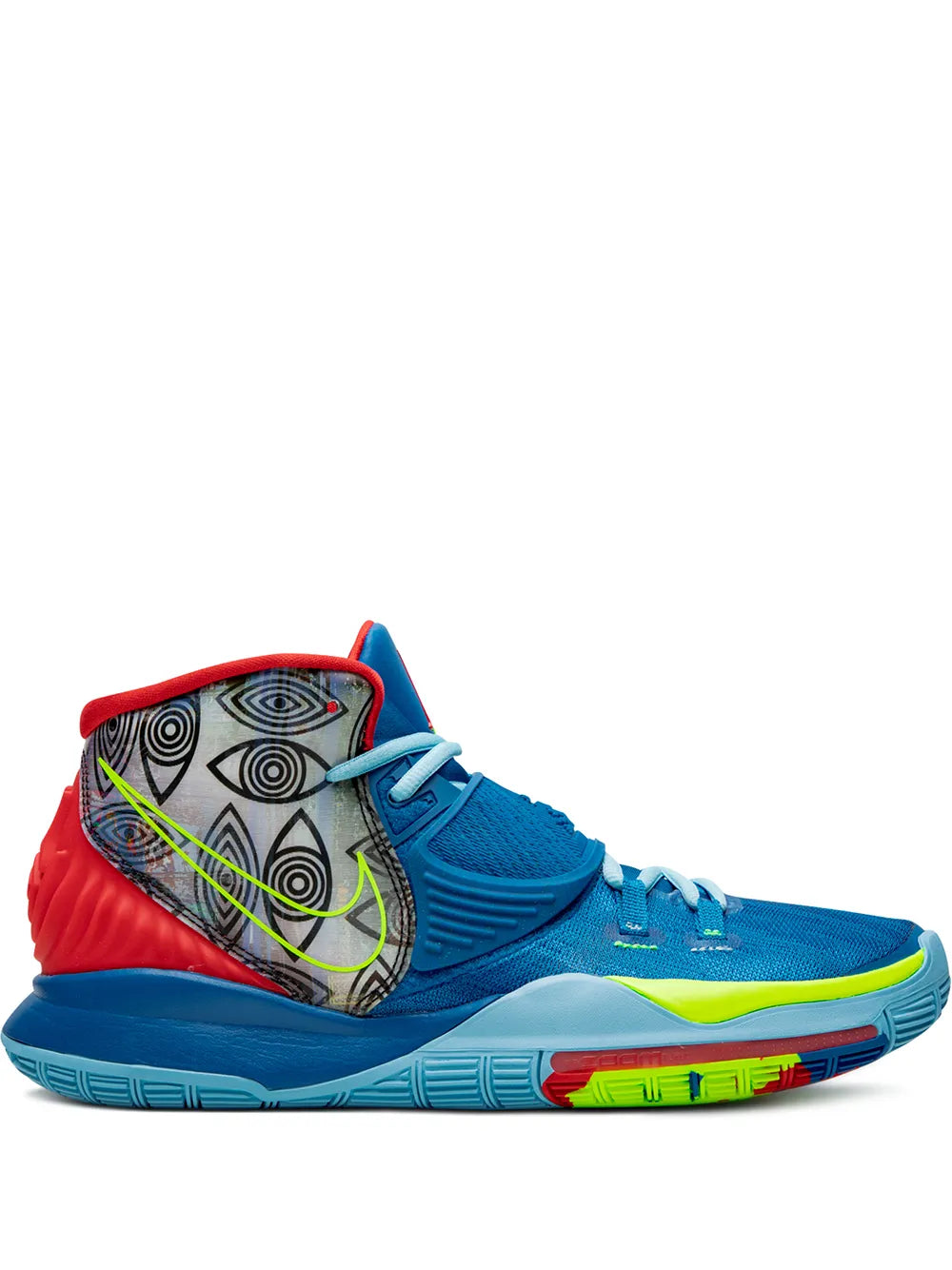 Nike Kyrie 6 Pre Heat basketball shoes with blue upper, red heel, neon green accents