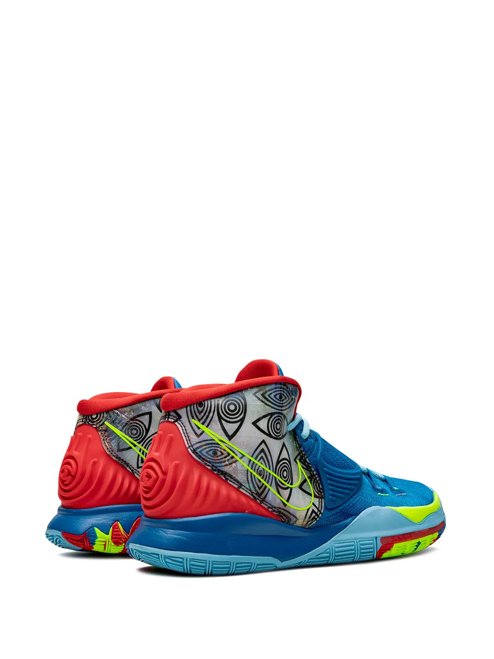 Basketball sneakers with blue mesh, red padded heel, neon green swoosh and patterns