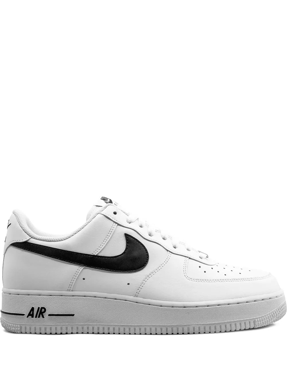 White low-top Nike Air Force 1 sneaker with black swoosh and 'AIR' heel tab