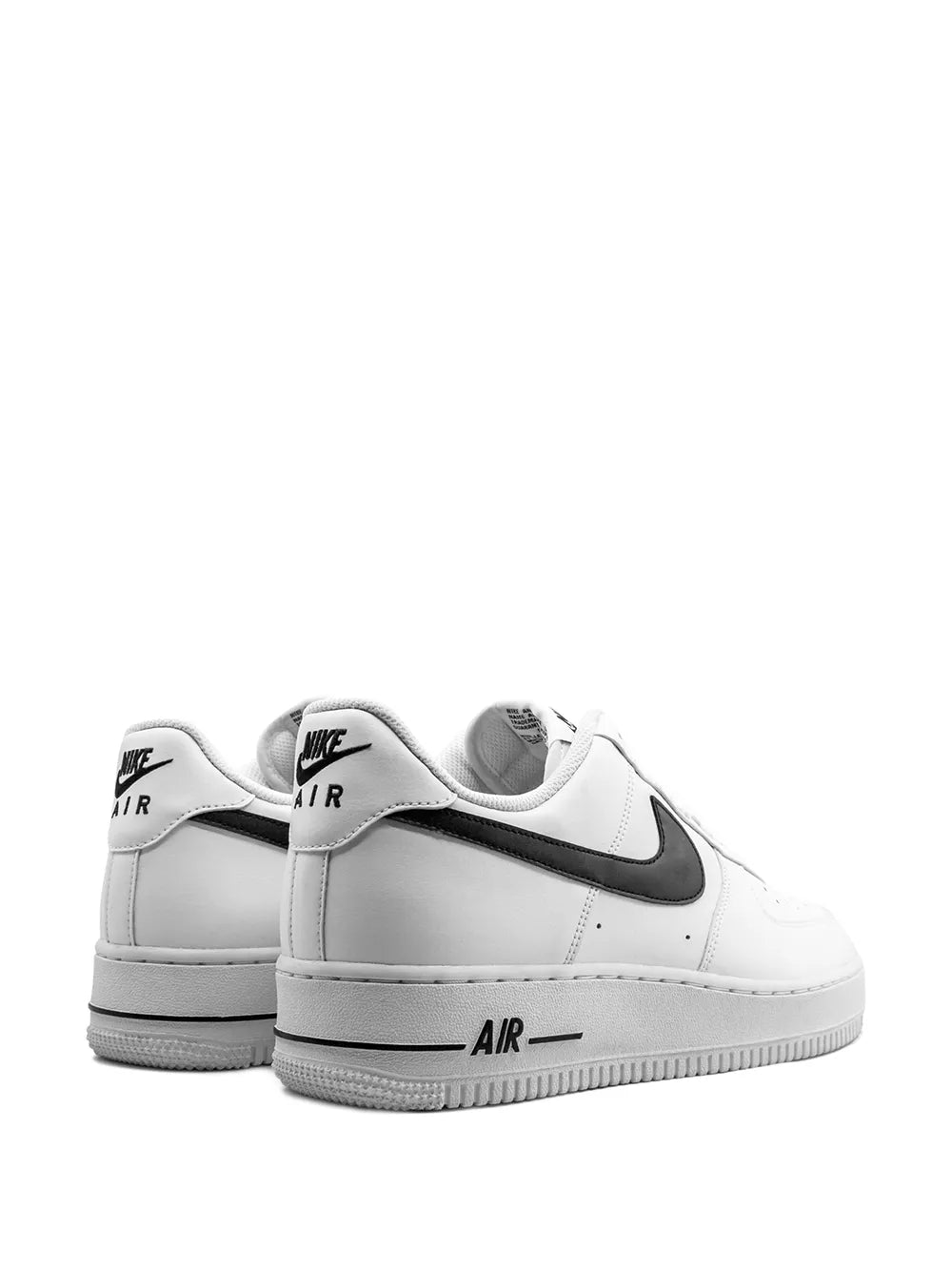 White Nike Air Force 1 low-top sneaker pair view with black swoosh and 'AIR' branding