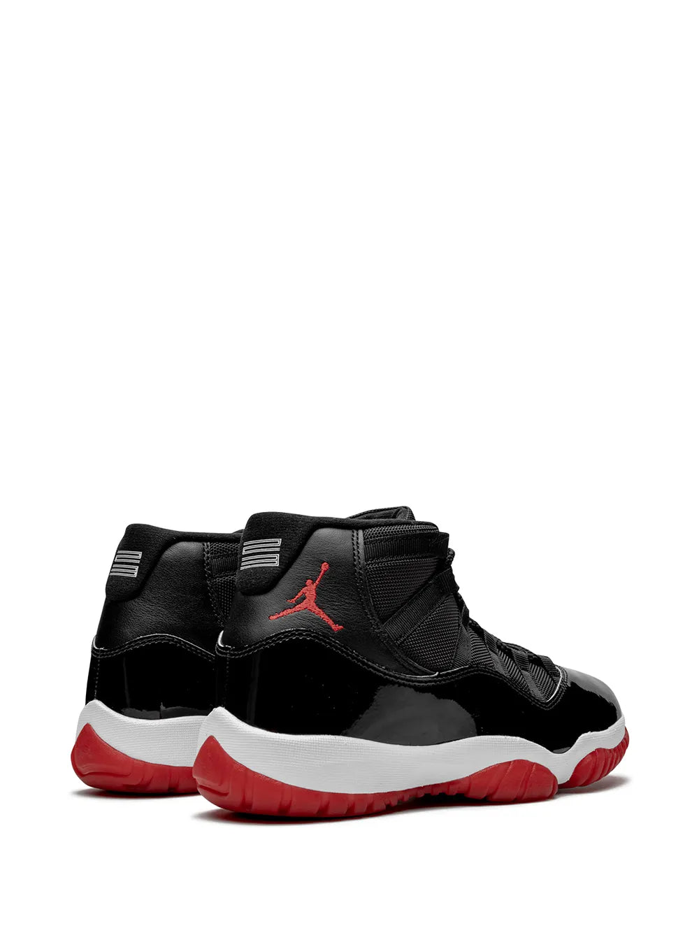 Black high-top sneakers with red Jumpman branding and white heel stripe