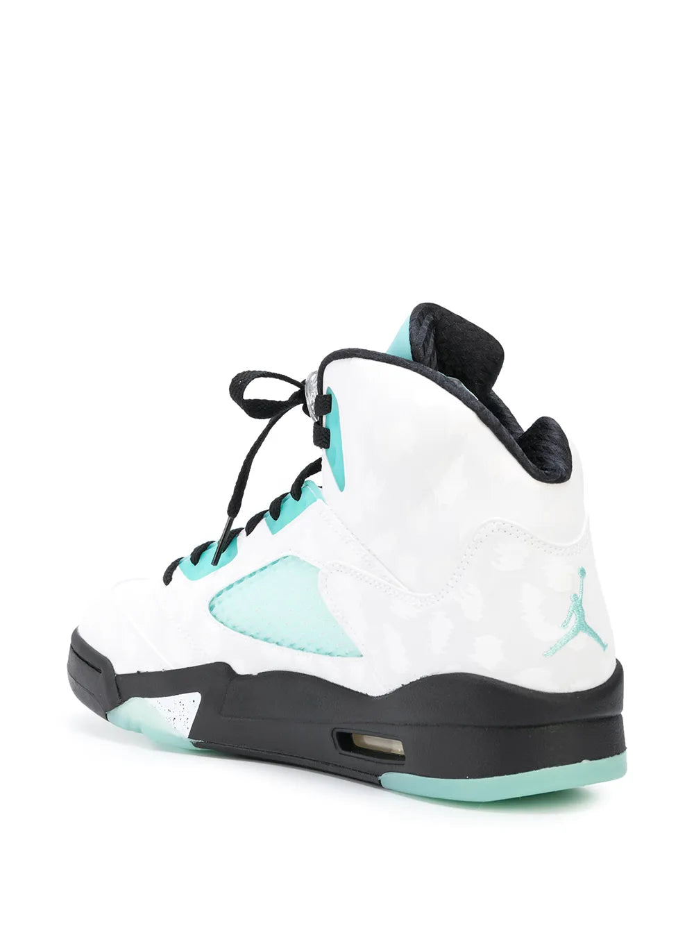 White mid-top sneaker with aqua tongue and black rubber sole