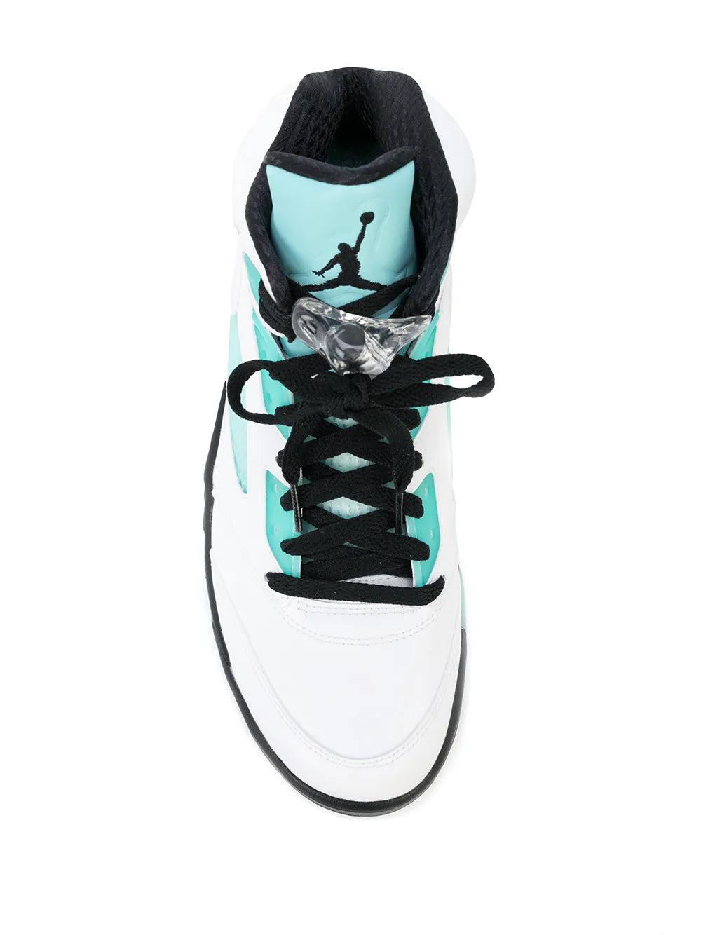 Front view of white sneaker with aqua lace eyelets and black laces