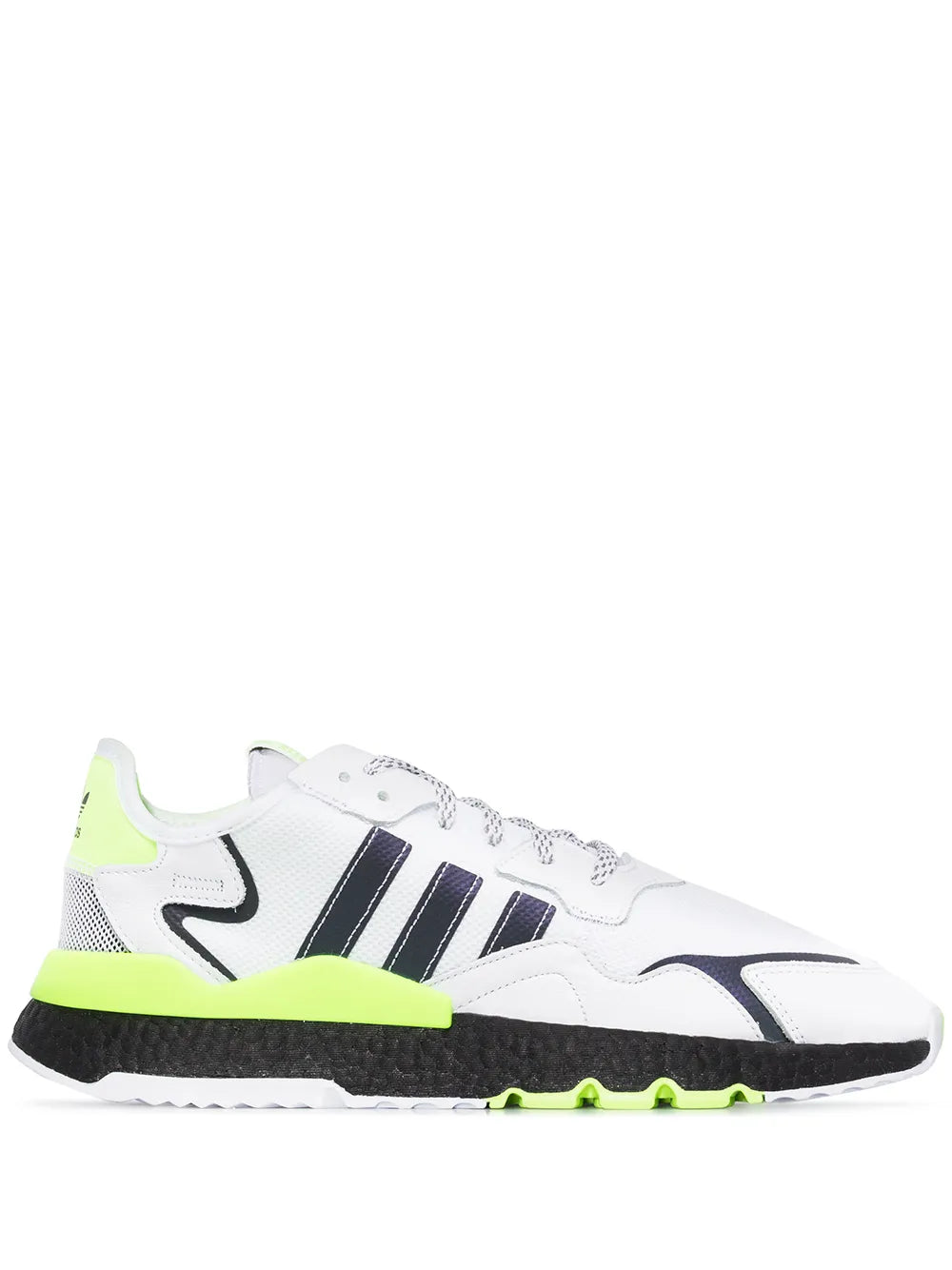 adidas Nite Jogger sneakers in white with black stripes and neon green accents