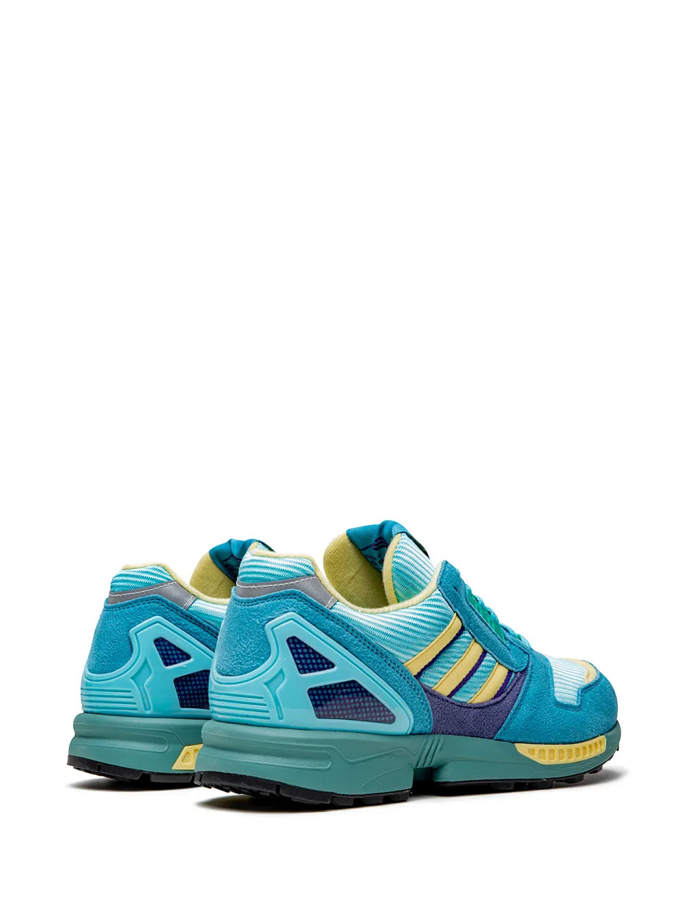 Blue adidas running sneaker heel side view with mesh panels and teal outsole