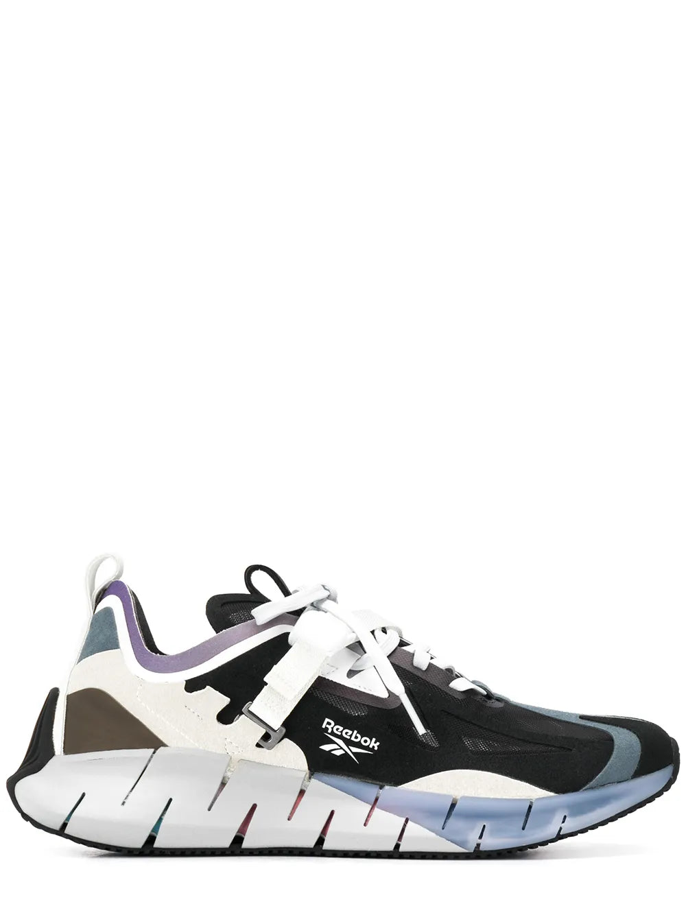 Reebok running sneaker in black, white and blue with white laces and zigzag midsole.