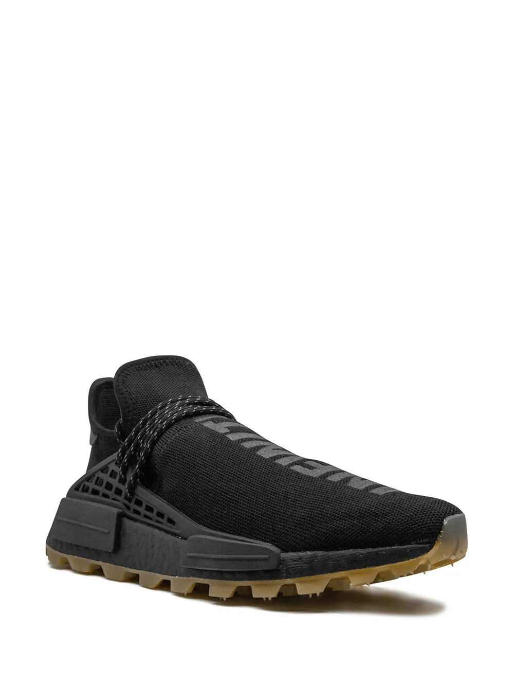 Black lace-up knit sneaker with dark cage overlays and gum rubber sole