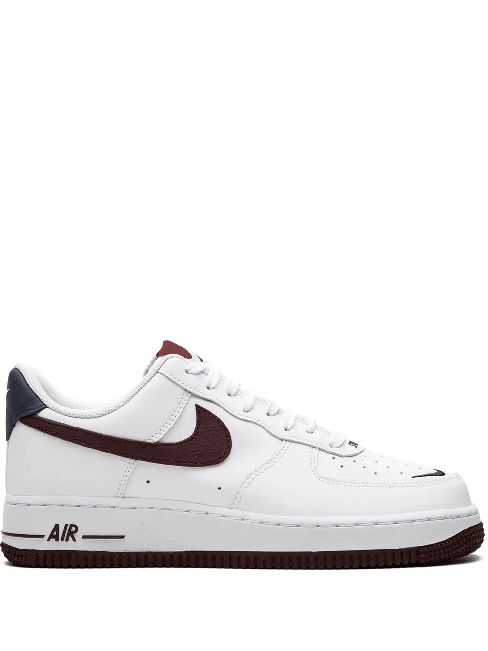 White Nike Air Force 1 low-top sneakers with maroon Swoosh and Air heel detail