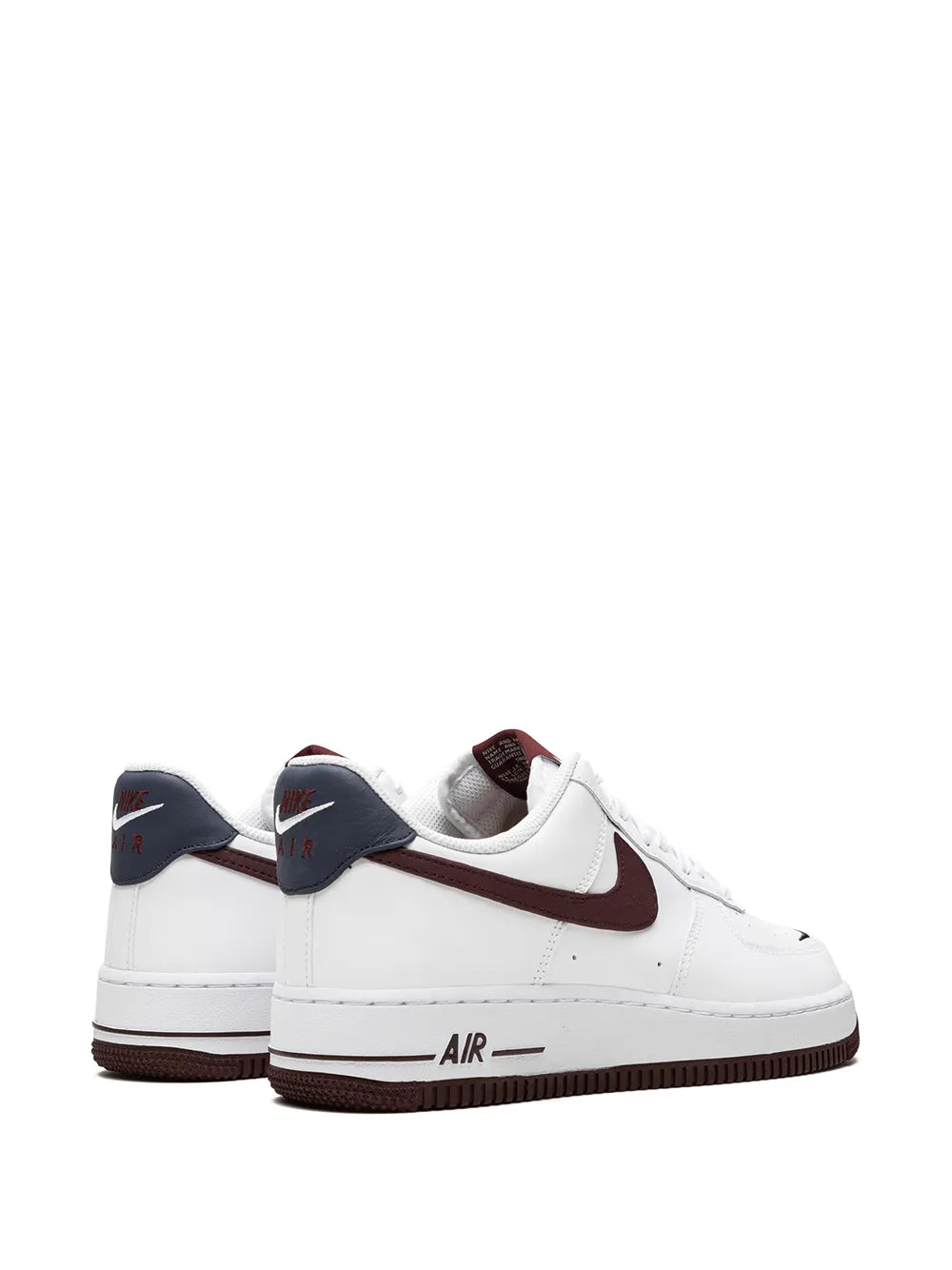 White Nike Air Force 1 sneakers, heel view with maroon Swoosh and dark collar accents