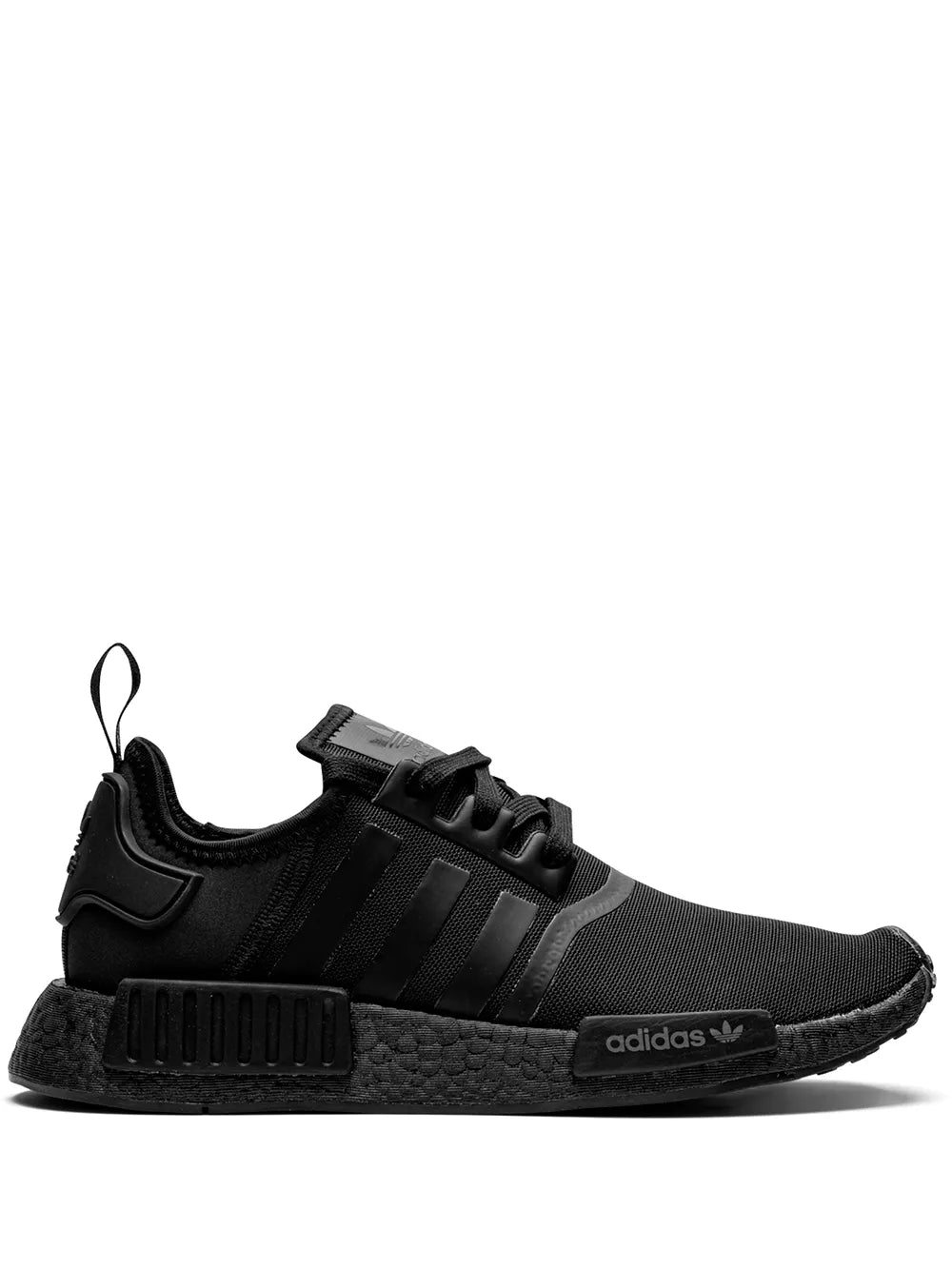 Black adidas NMD R1 sneaker with knit upper and three side stripes