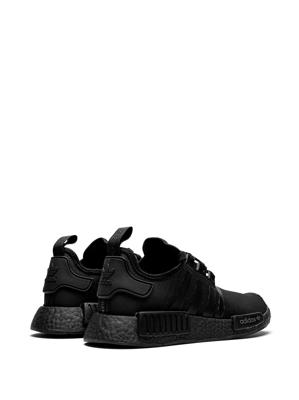 Black adidas NMD R1 sneaker heel view with quilted pods and branding