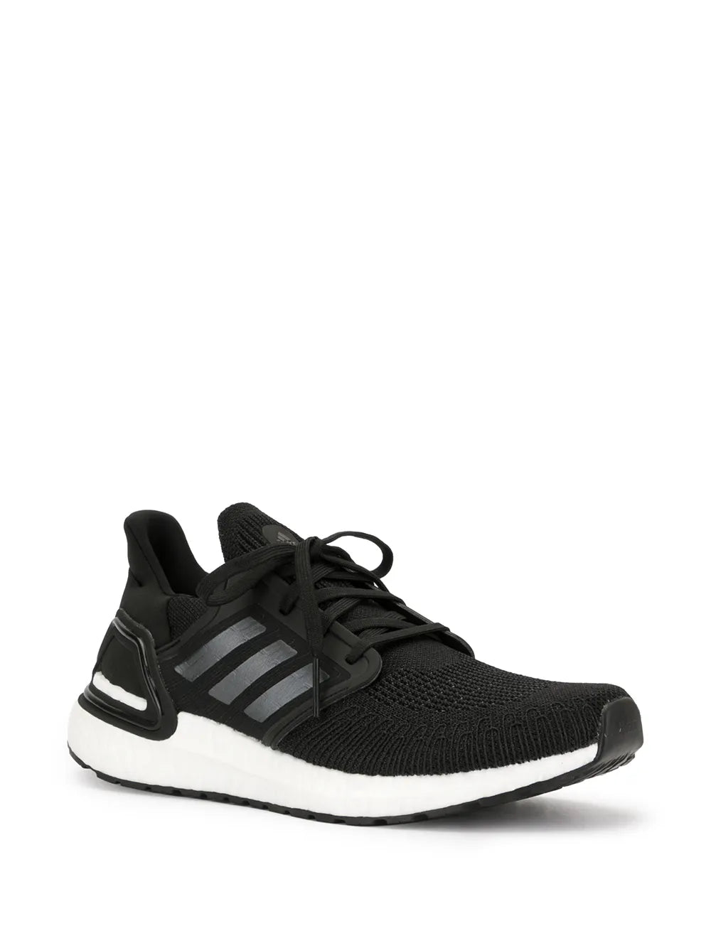 Black adidas Ultraboost 20 knit sneaker with lace-up front and striped side panels