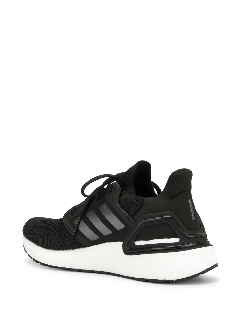 Black adidas Ultraboost 20 sneaker, side view with heel cage and Boost-style midsole