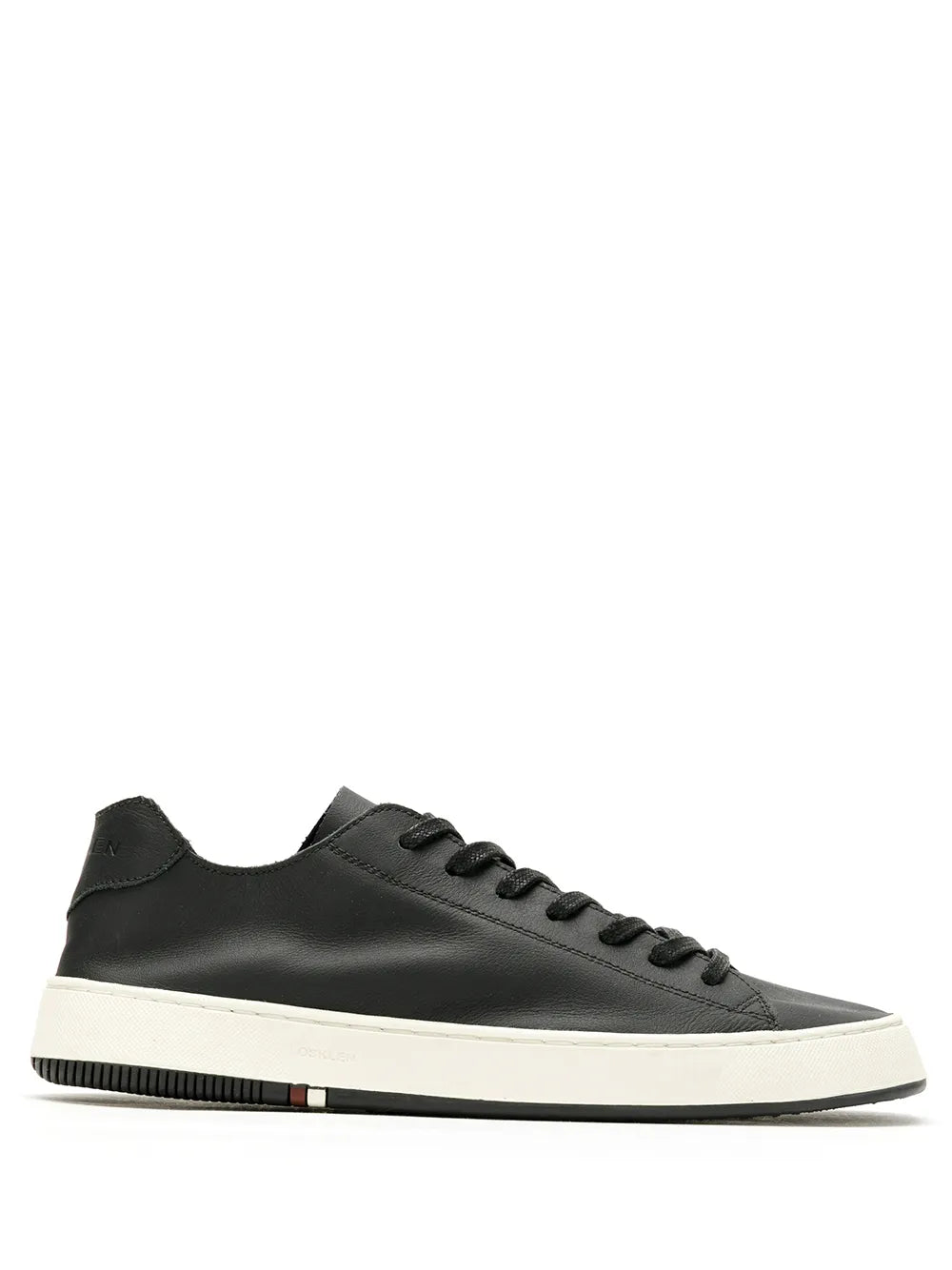 Black low-top sneakers with lace-up front and white rubber sole