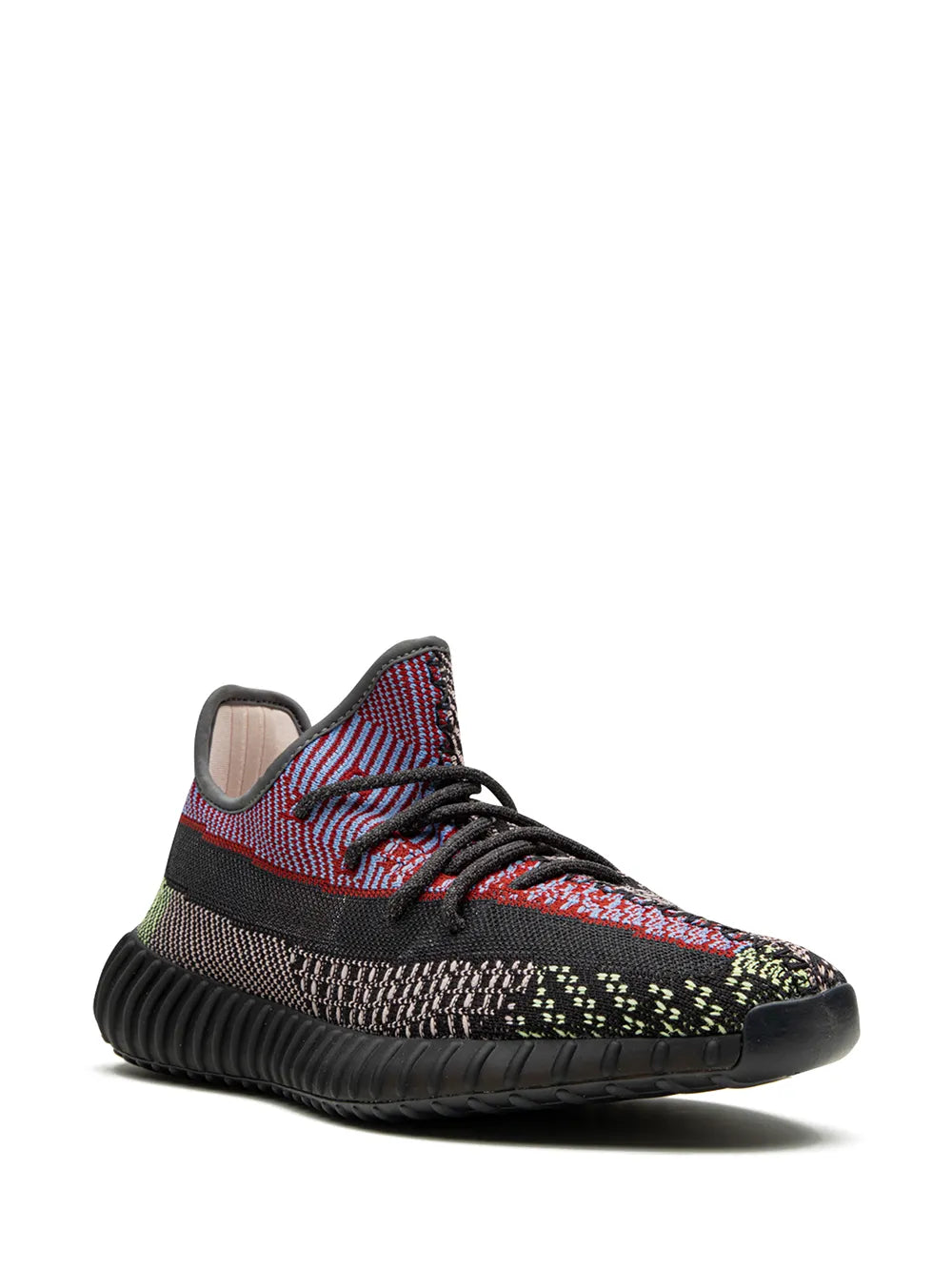 Knit low-top sneaker with red, blue, and green patterning, black ribbed rubber sole