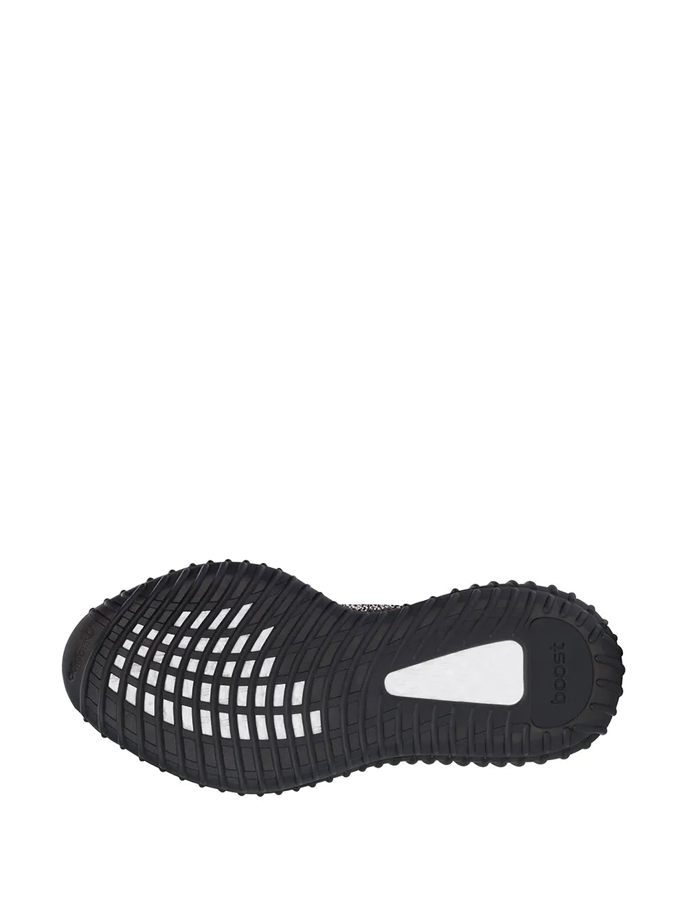 Black rubber sneaker outsole with deep tread and molded logo detail