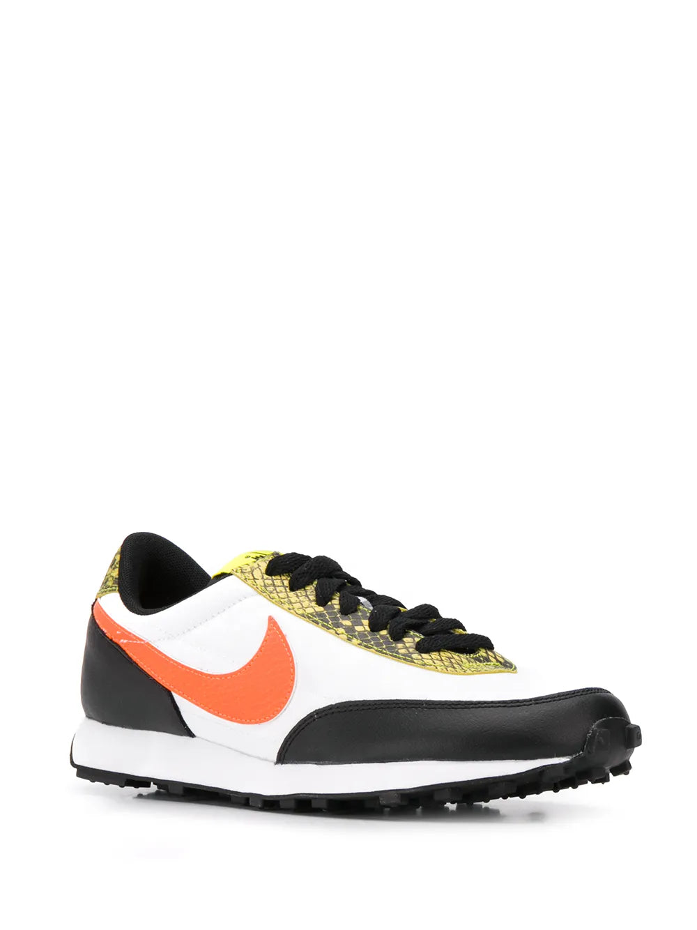White and black low-top sneaker, orange Swoosh and yellow lace-up side
