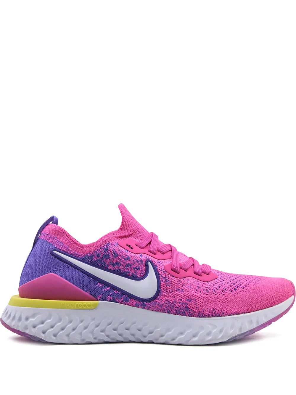 Nike pink low-top running shoe with knit upper, purple swoosh, cushioned sole