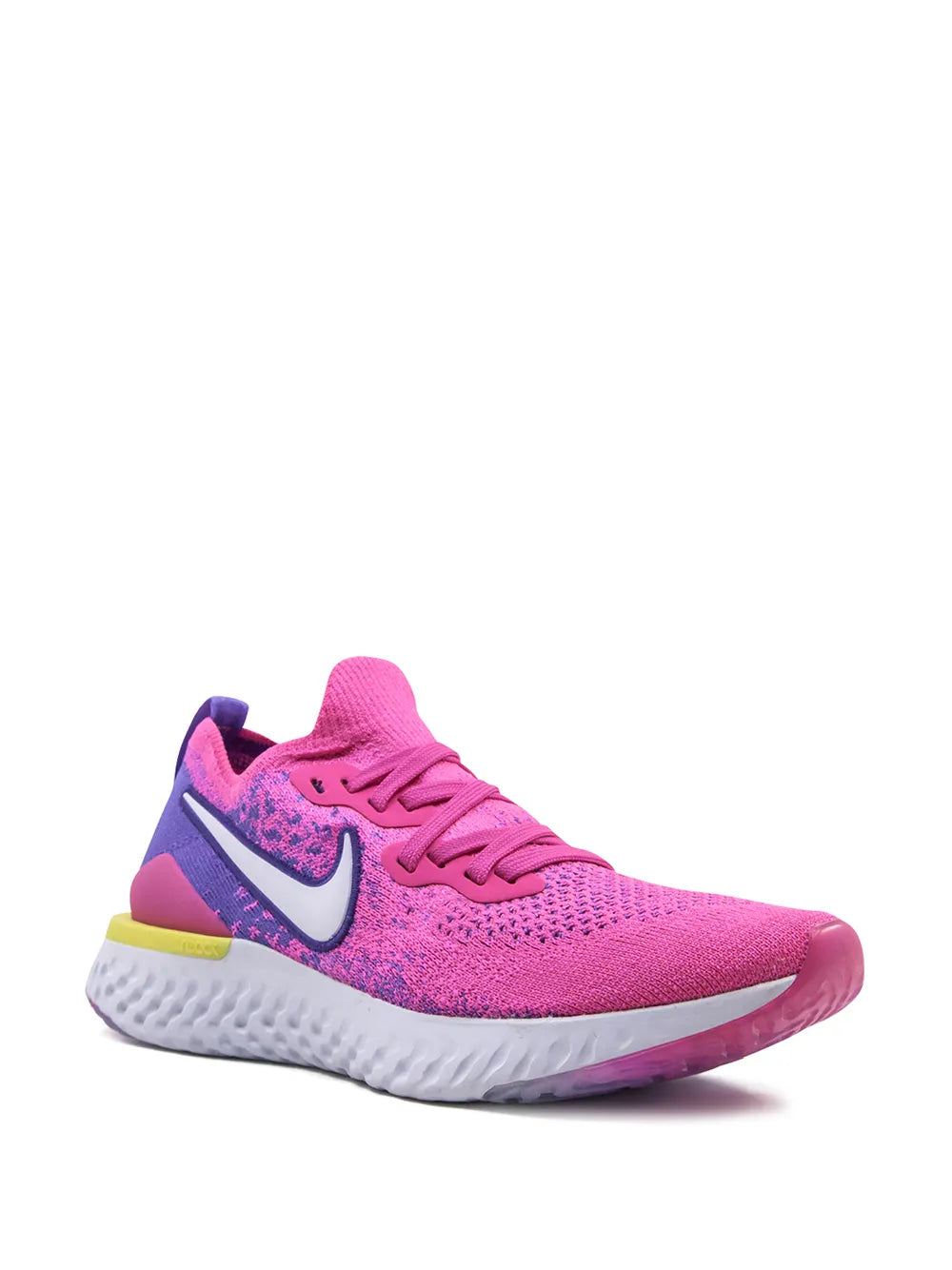 Pink Nike low-top sneaker with lace-up knit upper, side swoosh, white tread sole