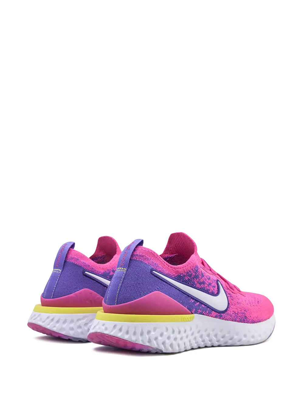 Nike pink low-top sneaker pair view, knit mesh upper, purple swoosh, foam sole