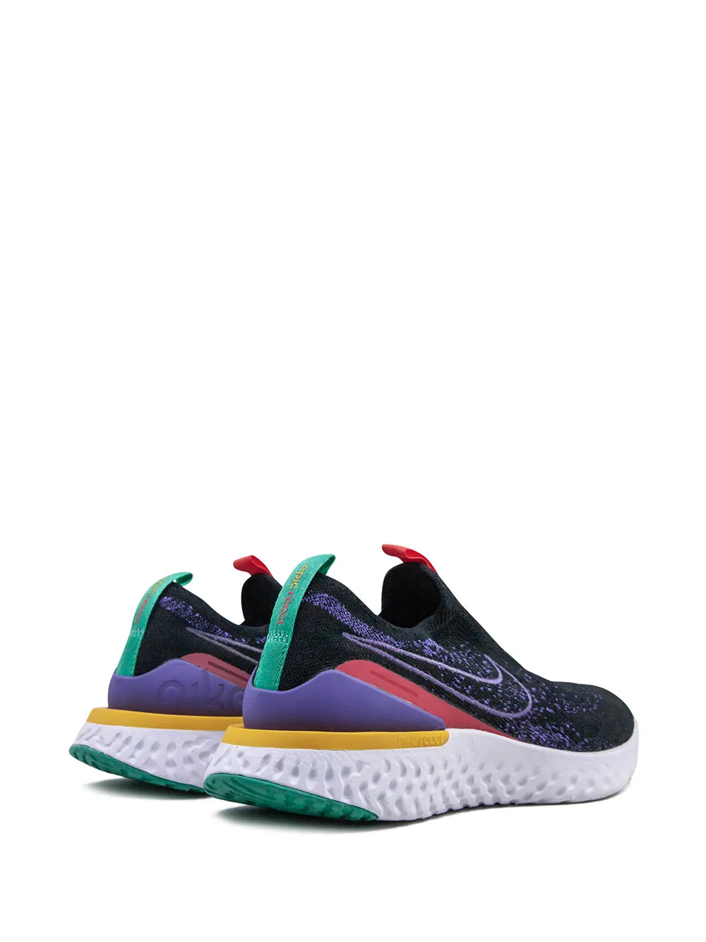 Nike black knit running shoe with purple speckled upper, yellow heel tab, green outsole