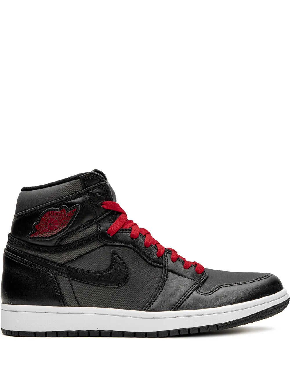 Black high-top sneakers with red laces, winged logo patch, and rubber toe cap