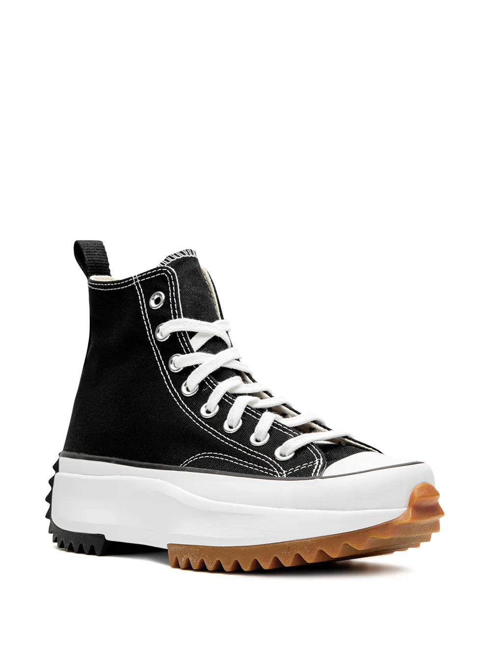 Black high-top sneaker with white laces, wraparound midsole, and rugged tread
