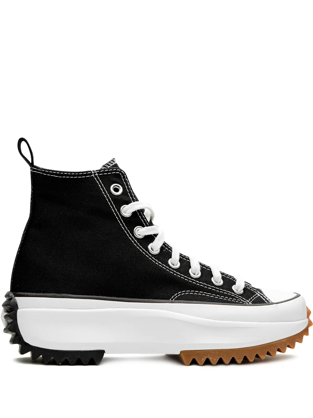Black high-top Converse Run Star Hike sneaker with laces and chunky white sole