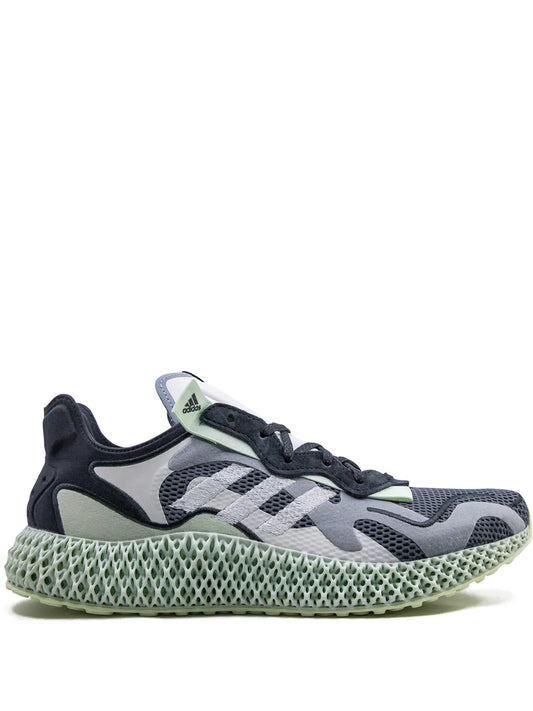 Grey and black knit running sneaker with patterned straps and mint textured sole