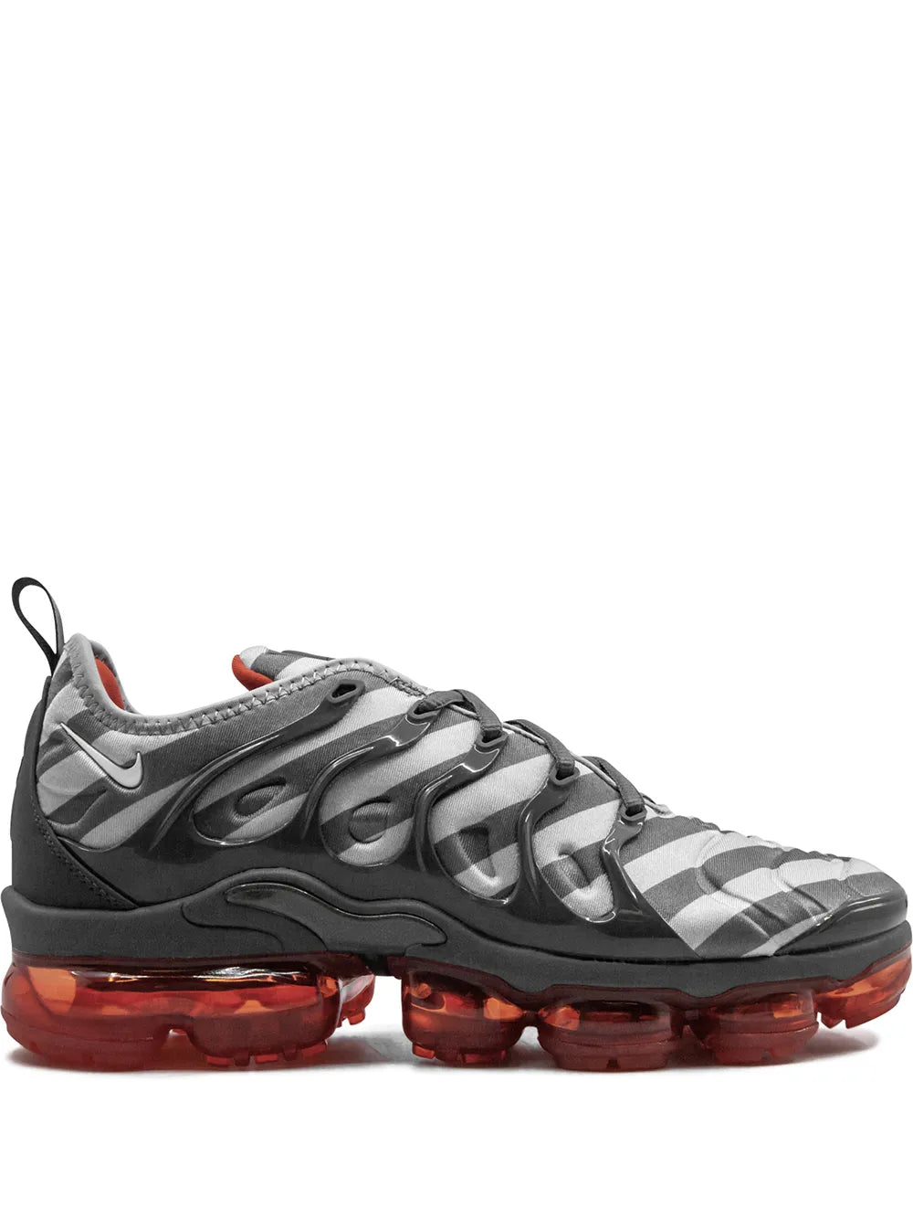 Nike Air Vapormax Plus sneakers, dark gray upper with wavy white accents and red air sole