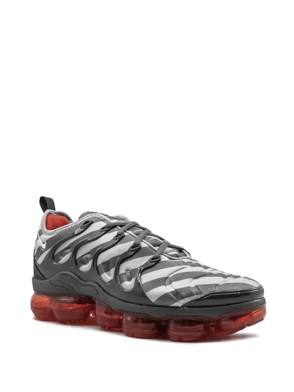 Nike Air Vapormax Plus sneakers, gray upper with red translucent air sole and lace-up front