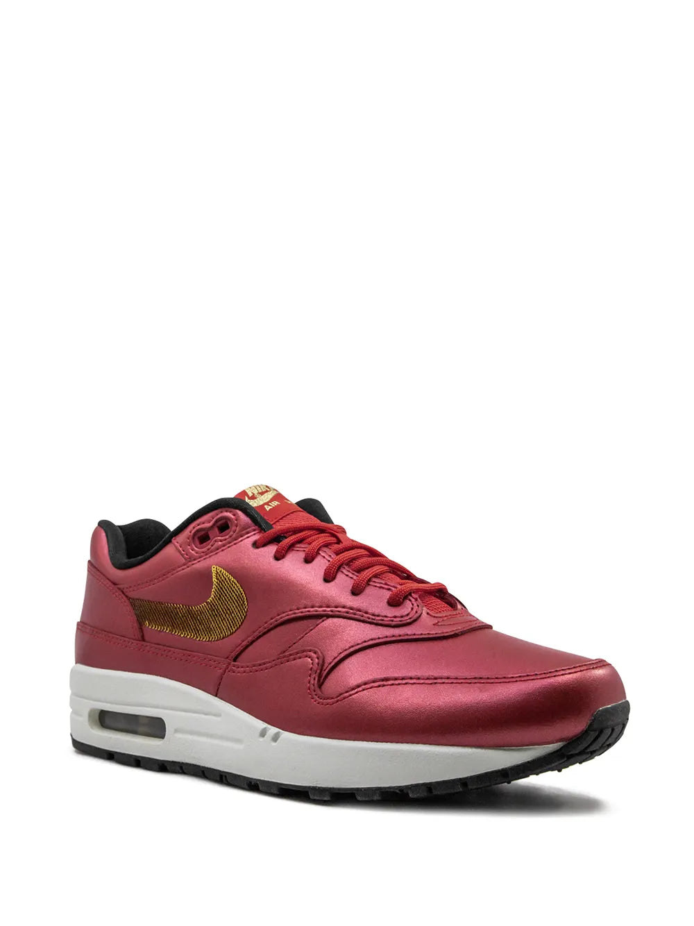 Air Max 1 red sneakers, gold swoosh on side, white midsole with air window
