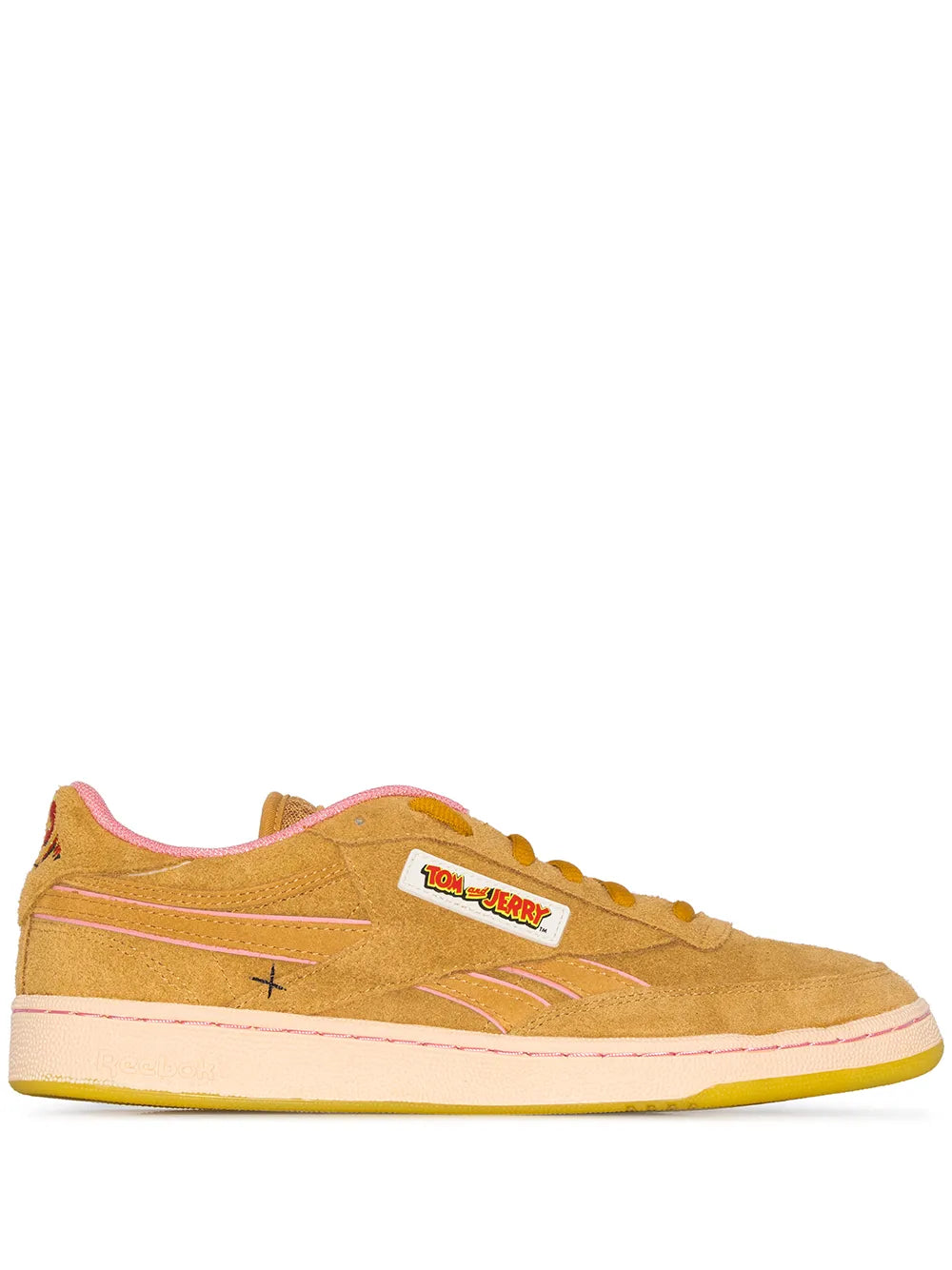 Tan suede low-top sneakers with orange stripes and white/pink midsole, yellow outsole