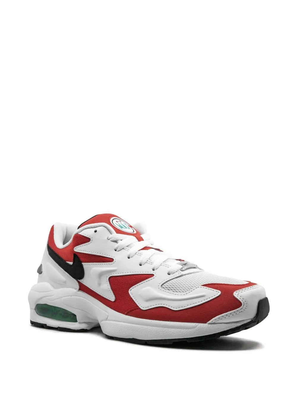 Nike Air Max 2 Light white low-top with red panels, black swoosh, lace-up, green air unit