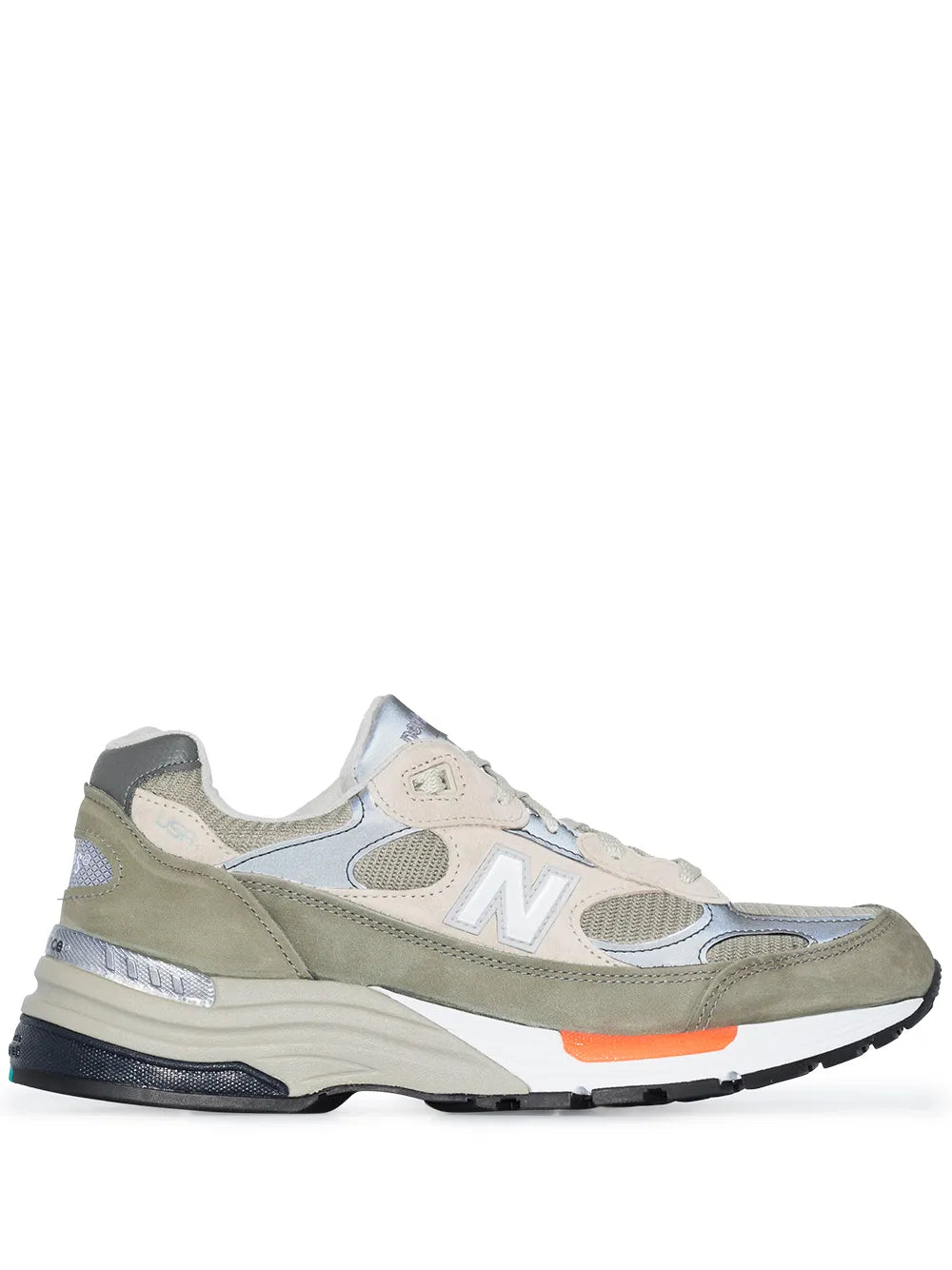 Beige and olive New Balance sneaker with N logo and orange sole accent