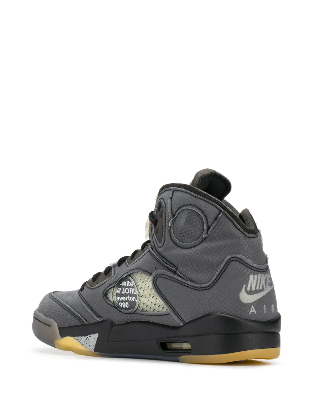 Gray high-top sneaker with NIKE logo on heel tab and yellow outsole