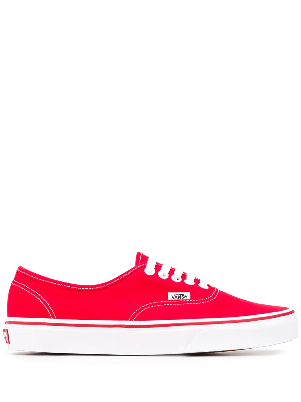 Red Vans low-top canvas sneaker with white side stripe and rubber sole