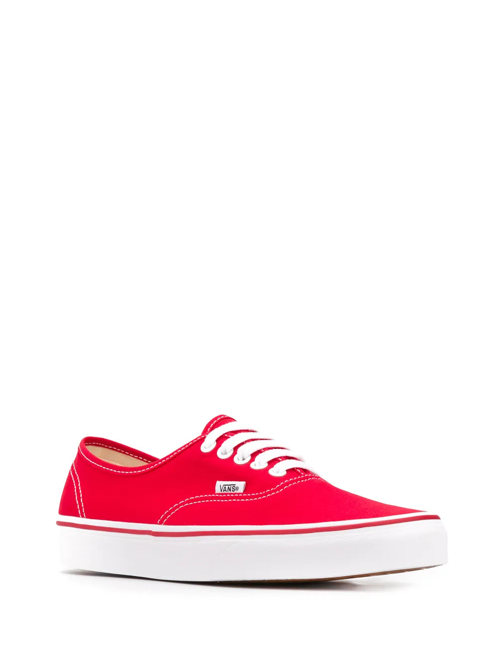 Red Vans low-top canvas sneaker, three-quarter side view, white laces and sole