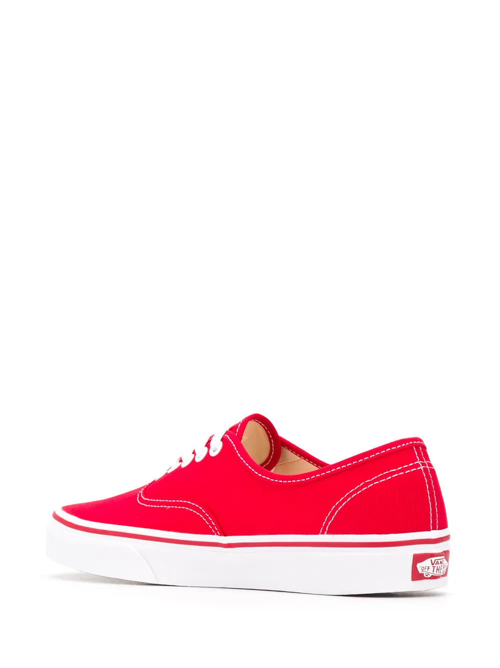 Red Vans low-top canvas sneaker heel and side profile with white midsole
