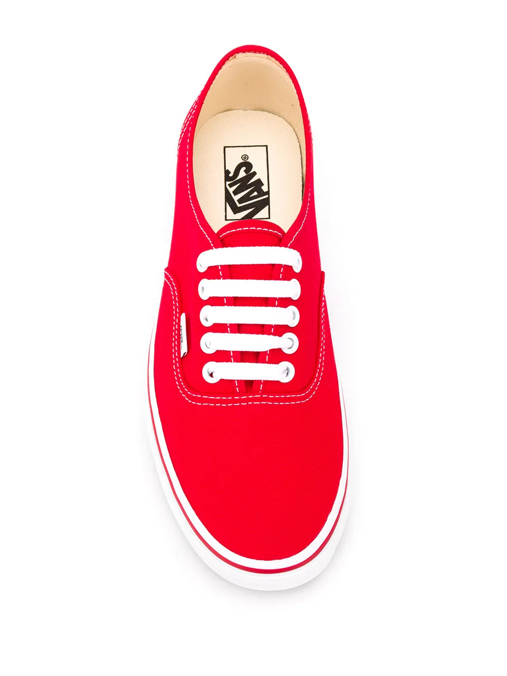 Red Vans low-top canvas sneaker with white lace-up eyelets and logo tongue label