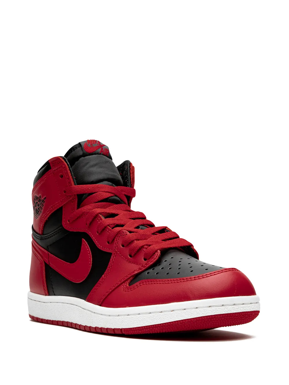 High-top red sneakers with black Nike Swoosh and gray toe perforations, white sole