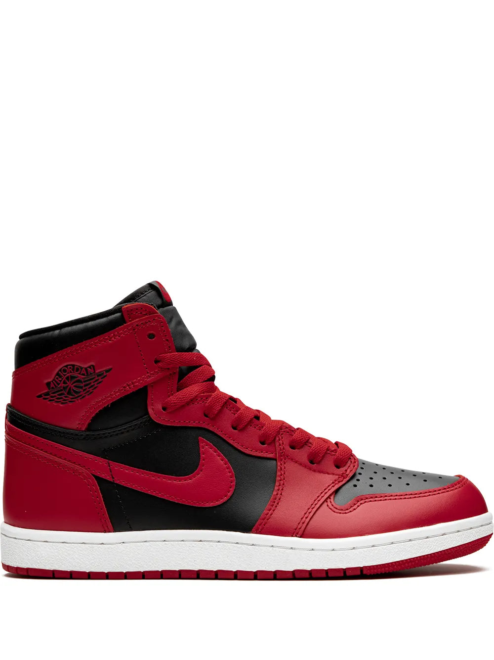 High-top sneakers with red leather, black panel, Nike Swoosh, white sole